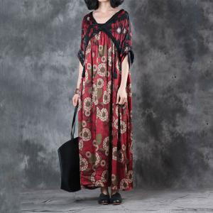 V-Neck Red Flowers Retro Dress Loose Lace Fringed Bohemian Dress