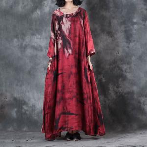 Beautiful Printing Silk Satin Red Dress Vintage Maxi Dress for Senior Woman