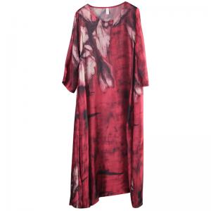 Beautiful Printing Silk Satin Red Dress Vintage Maxi Dress for Senior Woman