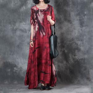 Beautiful Printing Silk Satin Red Dress Vintage Maxi Dress for Senior Woman