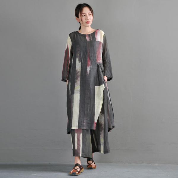 Red Contrast Big Slit Loose Linen Tunic with Leisure Wide Leg Trousers