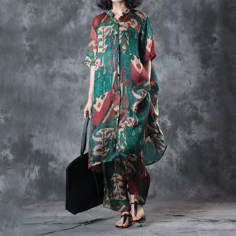 Abstract Printings Long Designer Blouse with Silk Satin Wide Leg ...