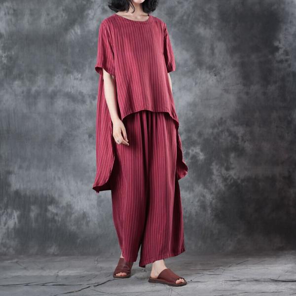 Asymmetrical Red Designer Blouse with Striped Baggy Trousers