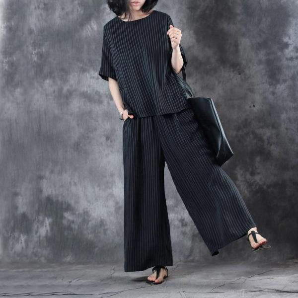 Ladylike Vertical Striped Silky Top with Loose Black Pants