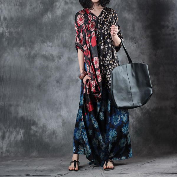 Vintage Prints Draped Maxi Dress Asymmetrical Beautiful Dress for Senior Woman