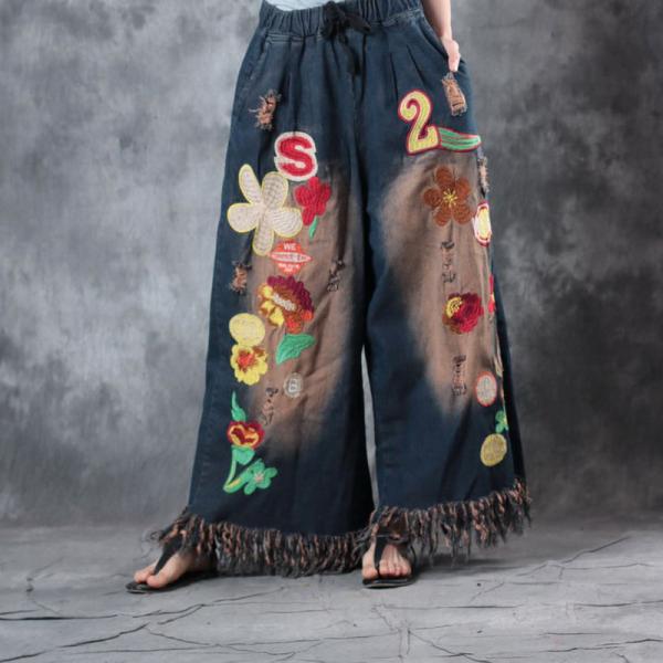 Flowers and Number Embroidered Jeans Wide Leg Fringed Jeans