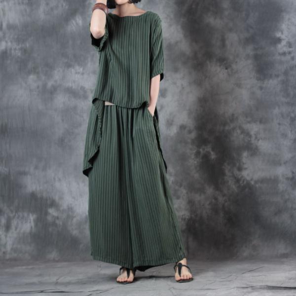 Irregular Vertical Striped Pullovers with Silky Green Baggy Pants