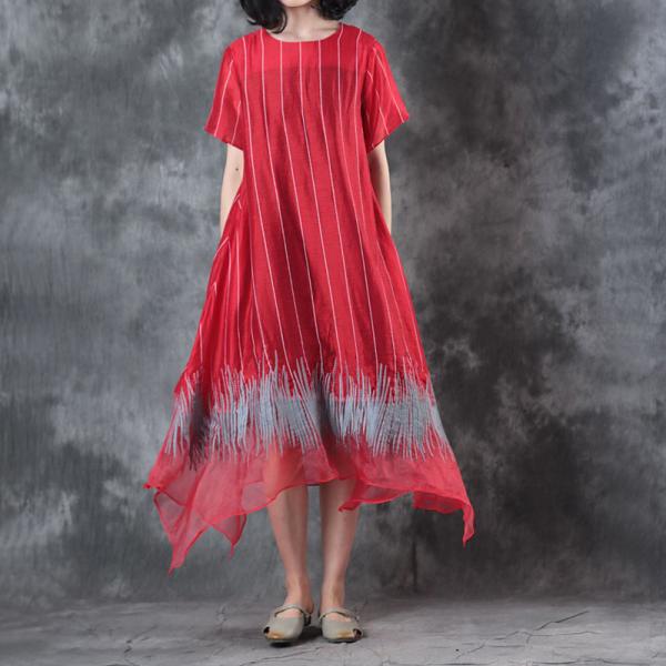 Vertical Striped Red Flare Dress Summer Embroidered Dress