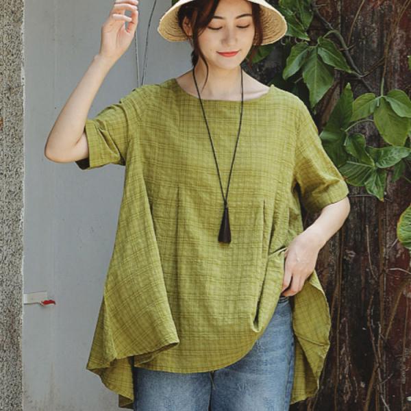 Casual Cotton Linen Half Sleeve Round Neck Solid Color Green XL 2X