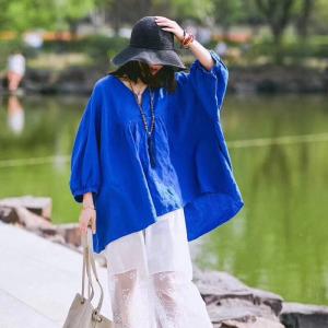 2017 Summer Plus Size Plain Blouse Asymmetric Linen Ladies Shirt