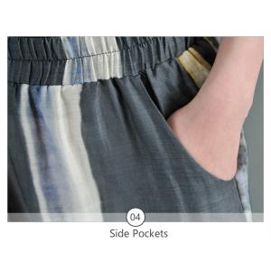 Front Slit Color Block Long Ladies Shirt with Linen Wide Leg Pants