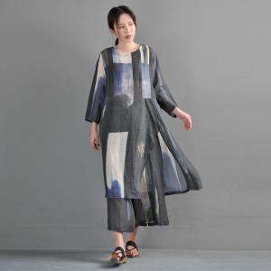 Front Slit Color Block Long Ladies Shirt with Linen Wide Leg Pants