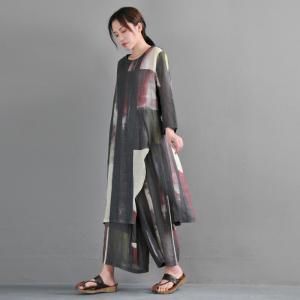 Red Contrast Big Slit Loose Linen Tunic with Leisure Wide Leg Trousers