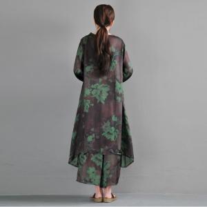 V-Neck Green Flowers Long Blouse with Silk Loose Flowy Pants