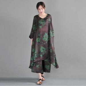 V-Neck Green Flowers Long Blouse with Silk Loose Flowy Pants