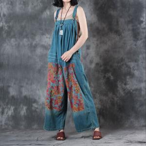 Vintage Flowers Prints Wide Leg Jumpsuits Summer Soft Denim Jumpsuits