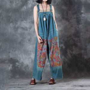 Vintage Flowers Prints Wide Leg Jumpsuits Summer Soft Denim Jumpsuits