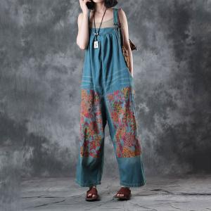 Vintage Flowers Prints Wide Leg Jumpsuits Summer Soft Denim Jumpsuits