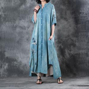 Asymmetrical Magpie Embroidered Dress Loose Long Denim Cardigan