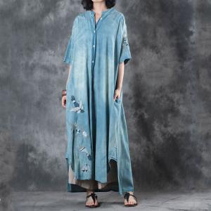 Asymmetrical Magpie Embroidered Dress Loose Long Denim Cardigan