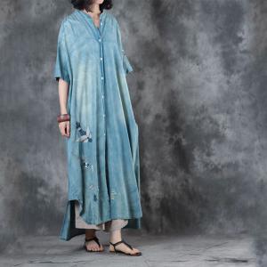 Asymmetrical Magpie Embroidered Dress Loose Long Denim Cardigan