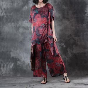 Silky Asymmetrical Plus Size Tunic with Red Wide Leg Pants