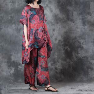 Silky Asymmetrical Plus Size Tunic with Red Wide Leg Pants