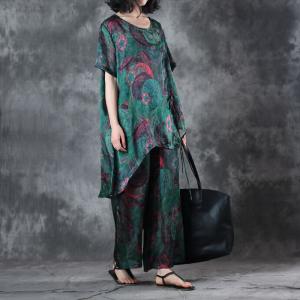 Loose-Fitting Green Prints Short Sleeve Top with Silky Palazzo Pants