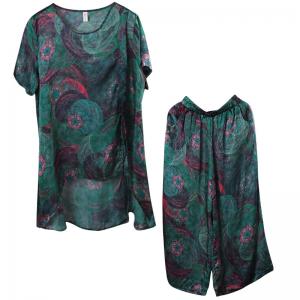 Loose-Fitting Green Prints Short Sleeve Top with Silky Palazzo Pants