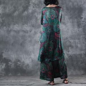 Loose-Fitting Green Prints Short Sleeve Top with Silky Palazzo Pants