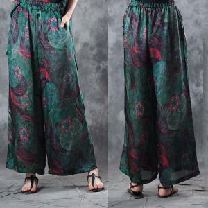 Loose-Fitting Green Prints Short Sleeve Top with Silky Palazzo Pants