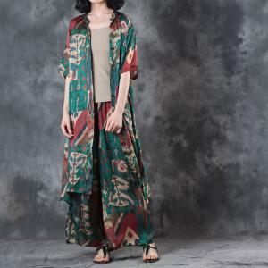 Abstract Printings Long Designer Blouse with Silk Satin Wide Leg Trousers