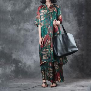 Abstract Printings Long Designer Blouse with Silk Satin Wide Leg Trousers