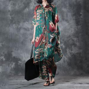 Abstract Printings Long Designer Blouse with Silk Satin Wide Leg Trousers