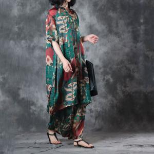 Abstract Printings Long Designer Blouse with Silk Satin Wide Leg Trousers