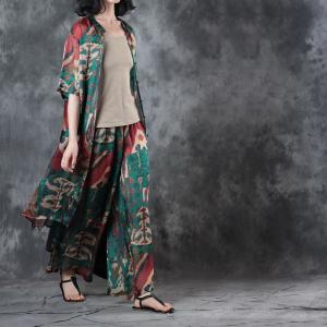 Abstract Printings Long Designer Blouse with Silk Satin Wide Leg Trousers