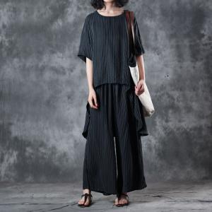 OL Style Irregular Striped Ladies Shirt  with Black Wide Leg Pants