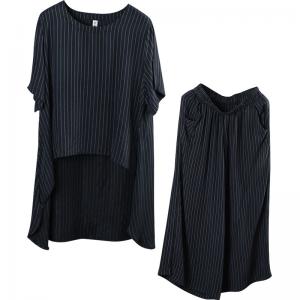 OL Style Irregular Striped Ladies Shirt  with Black Wide Leg Pants