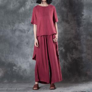 Asymmetrical Red Designer Blouse with Striped Baggy Trousers