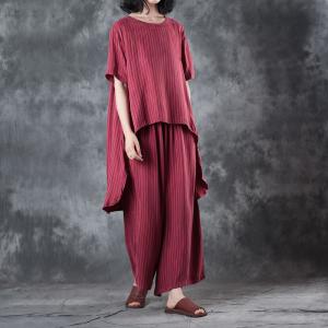 Asymmetrical Red Designer Blouse with Striped Baggy Trousers