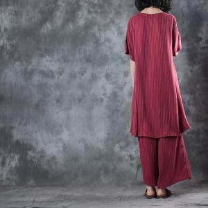 Asymmetrical Red Designer Blouse with Striped Baggy Trousers