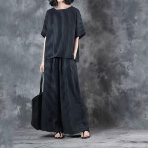 Ladylike Vertical Striped Silky Top with Loose Black Pants