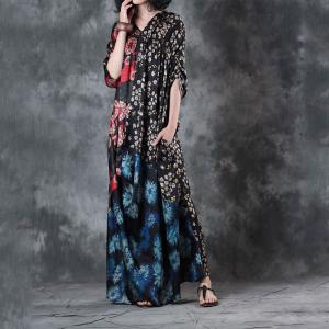 Vintage Prints Draped Maxi Dress Asymmetrical Beautiful Dress for Senior Woman