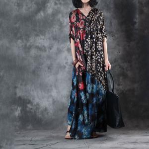 Vintage Prints Draped Maxi Dress Asymmetrical Beautiful Dress for Senior Woman