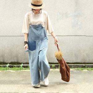 Contrast Colors Loose Wide Leg Jumpsuits Woman Denim Dungarees