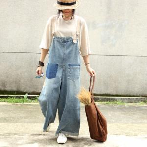 Contrast Colors Loose Wide Leg Jumpsuits Woman Denim Dungarees