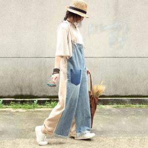 Contrast Colors Loose Wide Leg Jumpsuits Woman Denim Dungarees