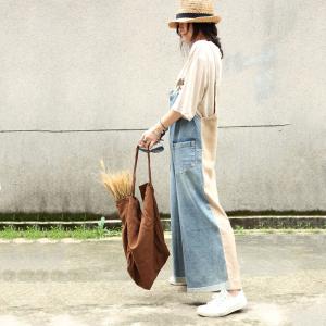 Contrast Colors Loose Wide Leg Jumpsuits Woman Denim Dungarees