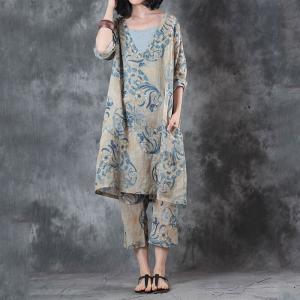 Vintage Flowers Prints V-Neck Loose Clothing with Straight-Leg Pants