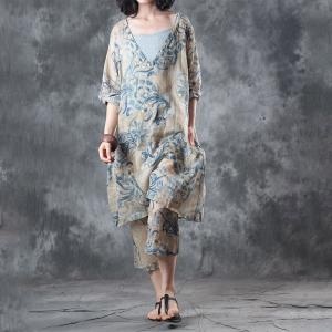 Vintage Flowers Prints V-Neck Loose Clothing with Straight-Leg Pants